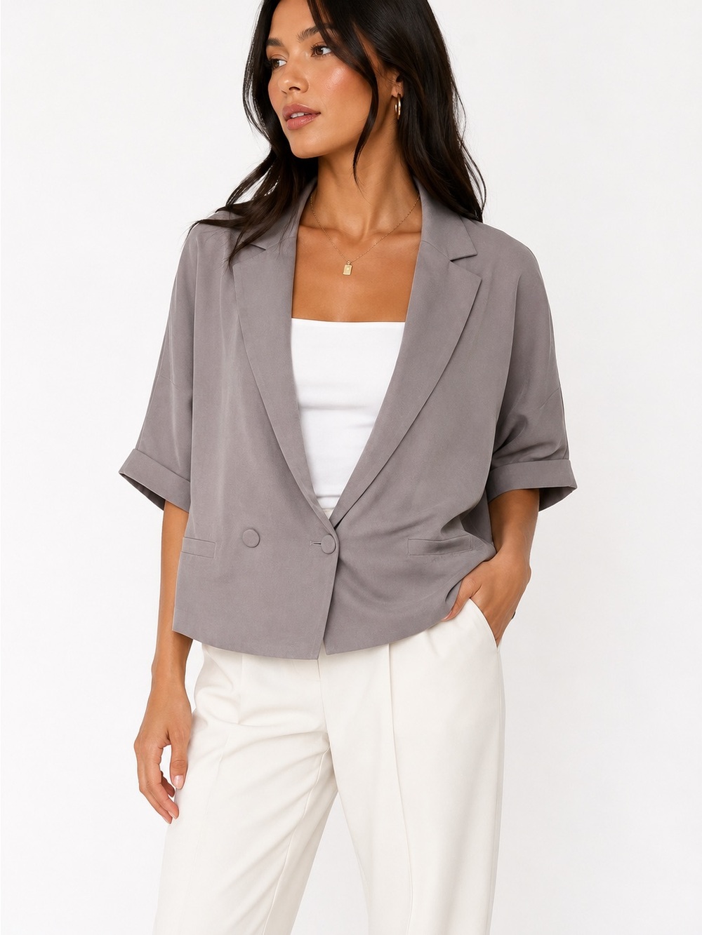 Paper Denim & Cloth Short Sleeve Taupe Blazer